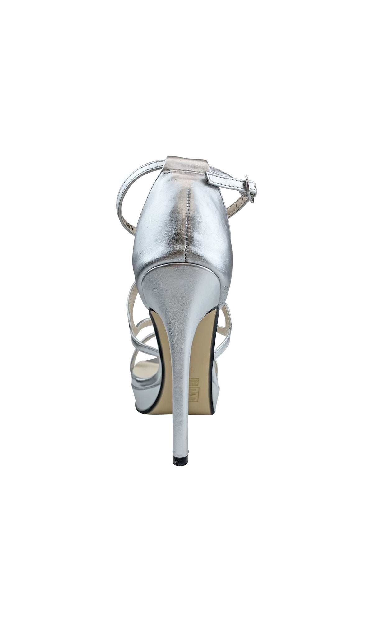 Rear view of the Silver Lennox Platform Sandal by Touch Ups 4460 with an ankle strap and 4in stiletto heel, elegantly displayed against a white background.